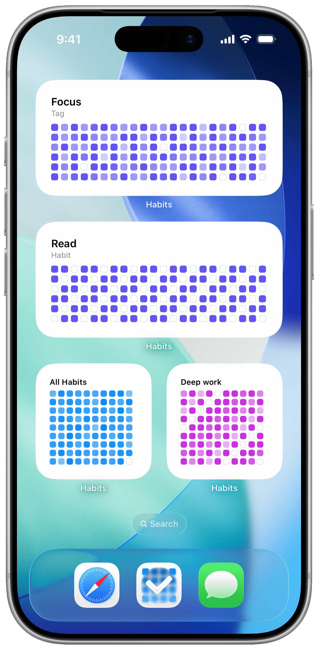 iPhone Home Screen widgets showing habit completion grids